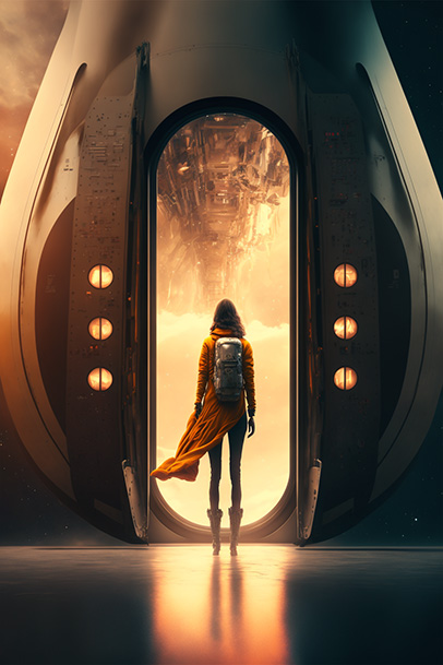 A woman about to board a space ship