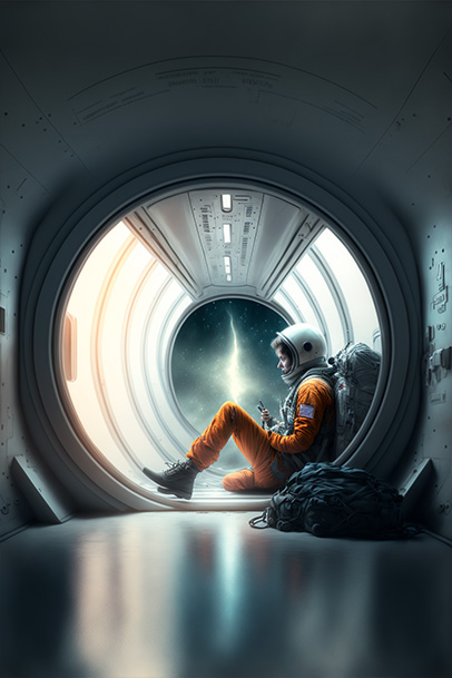 A female astronaut sitting in a spaceship